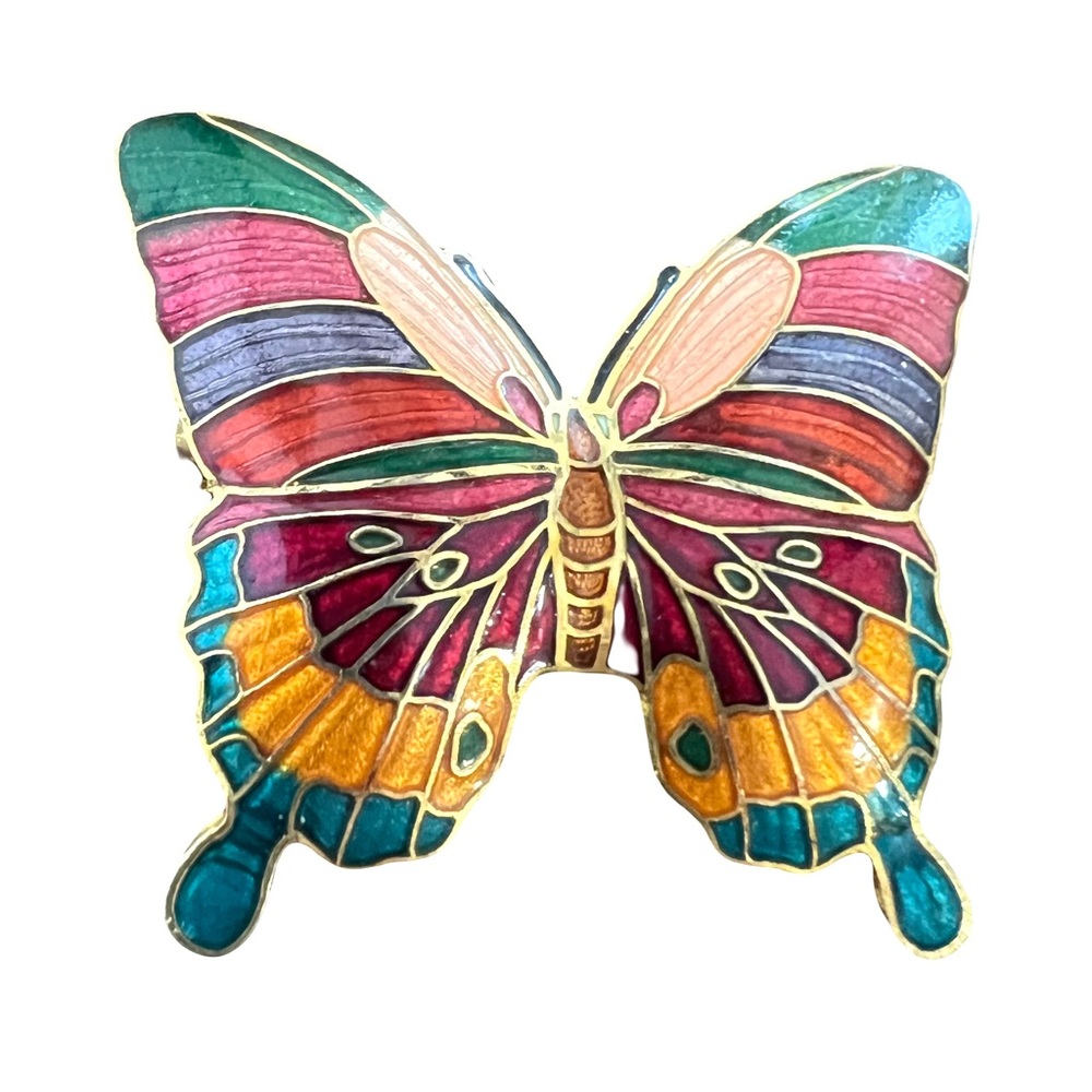 Vintage Butterfly Enameled Gold Finish Brooch Pin